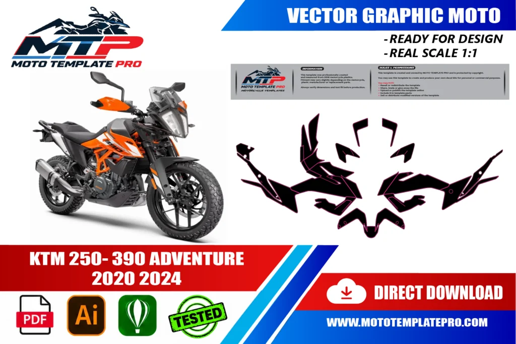 template vectoriel KTM 250 390 Adventure 2020-2024 - plan de carrosserie à l’échelle réelle 1:1 pour kits déco et covering