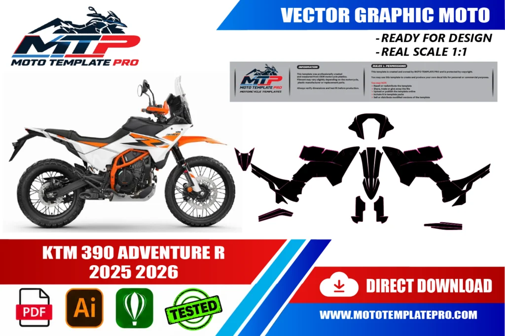 KTM 390 Adventure R 2025-2026 vector template - real-scale 1:1 bodywork layout for decal kits and wraps