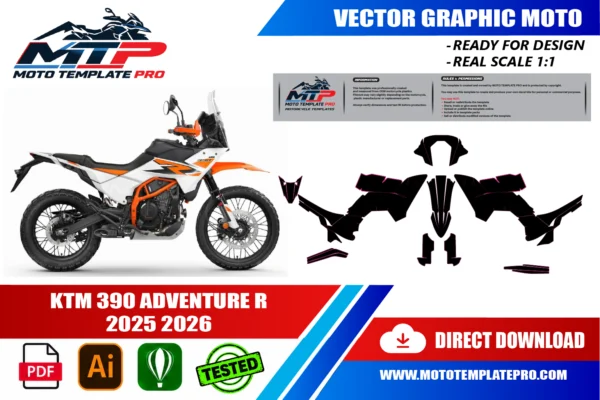 KTM 390 ADVENTURE R 2025-2026 Vector Template KTM 390 Adventure R 2025-2026 vector template - real-scale 1:1 bodywork layout for decal kits and wraps