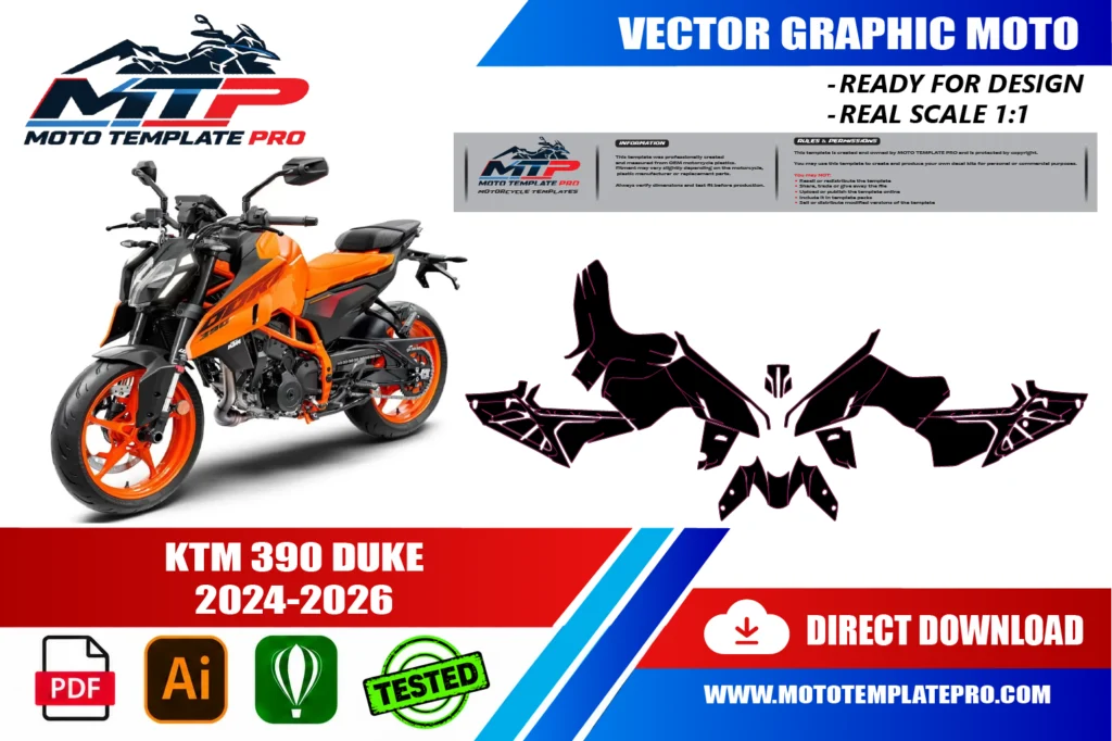 template vectoriel KTM 390 Duke 2024-2026 - plan de carrosserie à l’échelle réelle 1:1 pour kits déco et covering