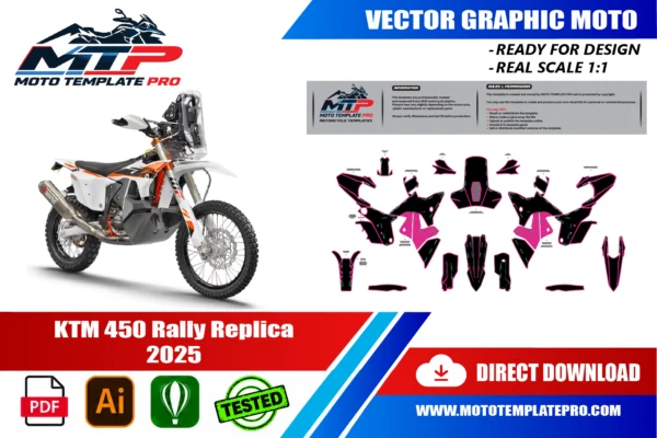 KTM 450 Rally Replica 2025 Vector Template Template vectoriel KTM 450 Rally Replica 2025 - plan de carrosserie à l’échelle réelle 1:1 pour kits déco et covering