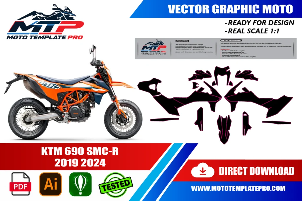 KTM 690 SMC-R 2019-2024 vector template - real-scale 1:1 bodywork layout for decal kits and wraps