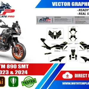 Template vectoriel KTM 890 SMT 2023-2024 - plan de carrosserie à l’échelle réelle 1:1 pour kits déco et covering