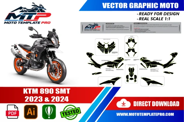 KTM 890 SMT 2023 & 2024 Vector Template Template vectoriel KTM 890 SMT 2023-2024 - plan de carrosserie à l’échelle réelle 1:1 pour kits déco et covering