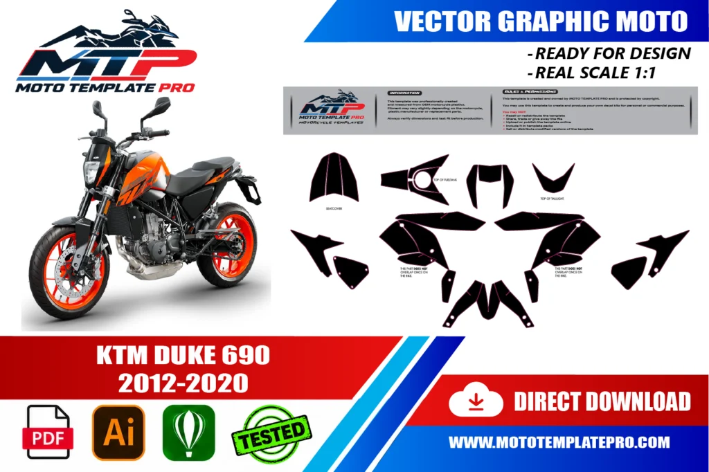 KTM Duke 690 2012-2020 vector template - real-scale 1:1 bodywork layout for decal kits and wraps