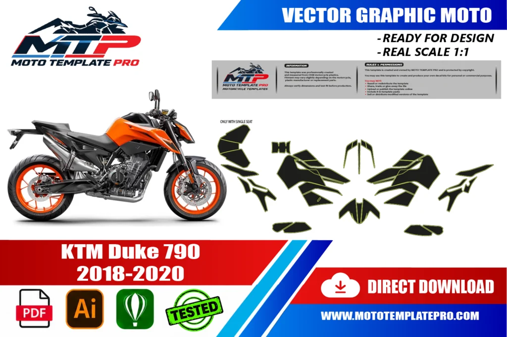 template vectoriel KTM Duke 790 2018-2020 - plan de carrosserie à l’échelle réelle 1:1 pour kits déco et covering