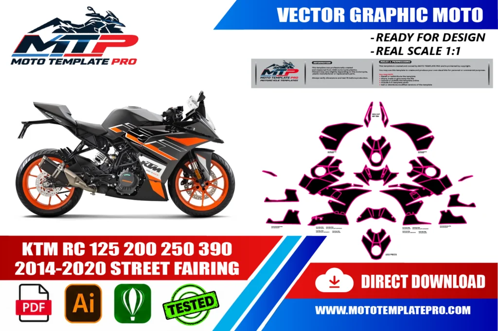 template vectoriel KTM RC 125 200 250 390 2014-2020 - plan de carrosserie à l’échelle réelle 1:1 pour kits déco et covering