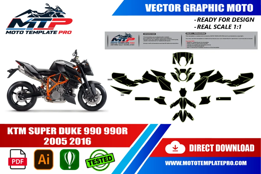 KTM Super Duke 990 990R 2005-2016 vector template - real-scale 1:1 bodywork layout for decal kits and wraps