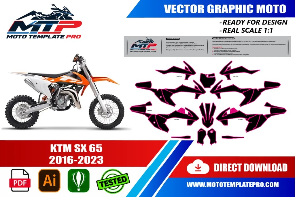 KTM SX 65 2016-2023 vector template - real-scale 1:1 bodywork layout for decal kits and wraps