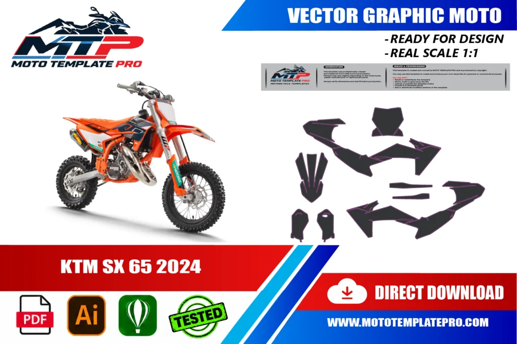 template vectoriel KTM SX 65 2024 - plan de carrosserie à l’échelle réelle 1:1 pour kits déco et covering