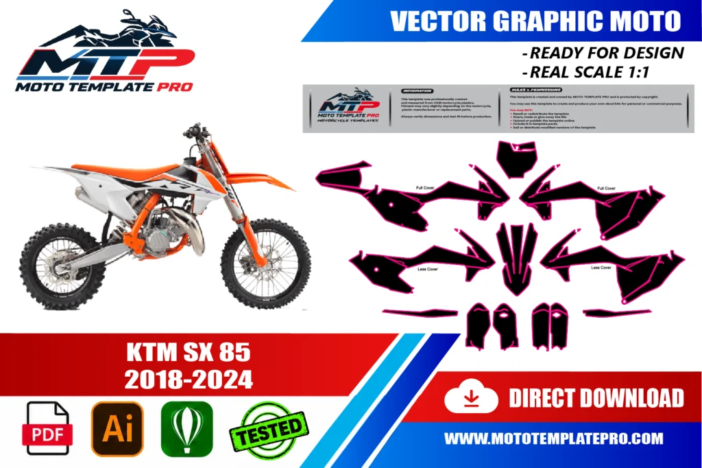 KTM SX 85 2018-2024 vector template - real-scale 1:1 bodywork layout for decal kits and wraps