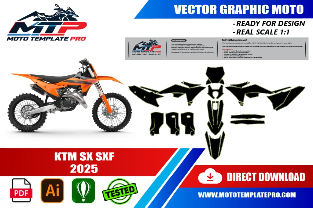 template vectoriel KTM SX SXF 2025 - plan de carrosserie à l’échelle réelle 1:1 pour kits déco et covering