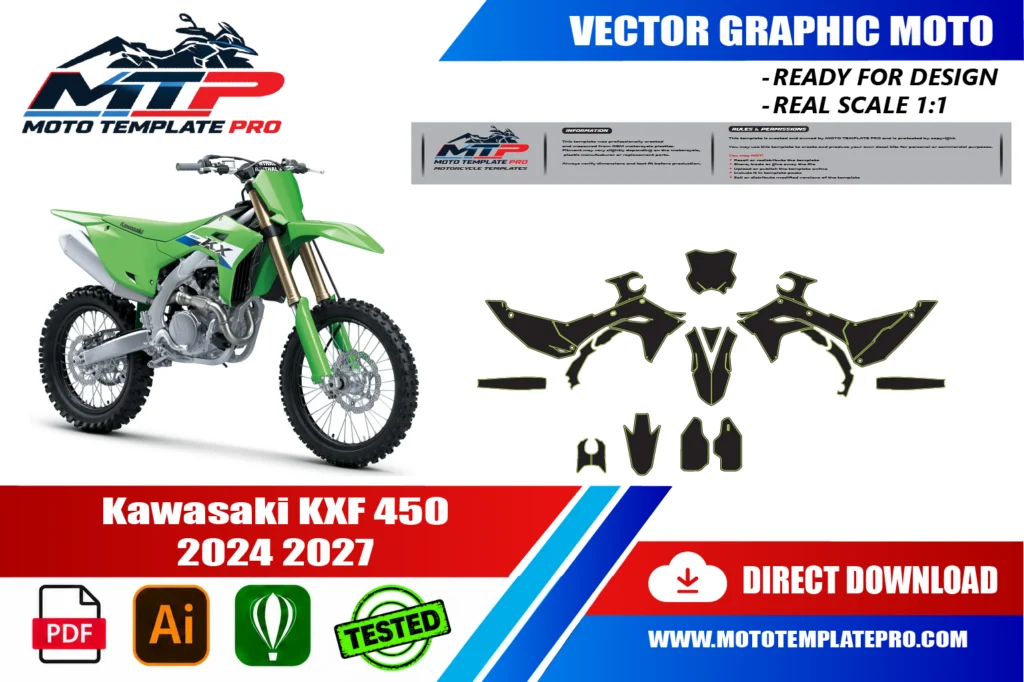 template vectoriel Kawasaki KXF 450 2024-2027 - plan de carrosserie à l’échelle réelle 1:1 pour kits déco et covering