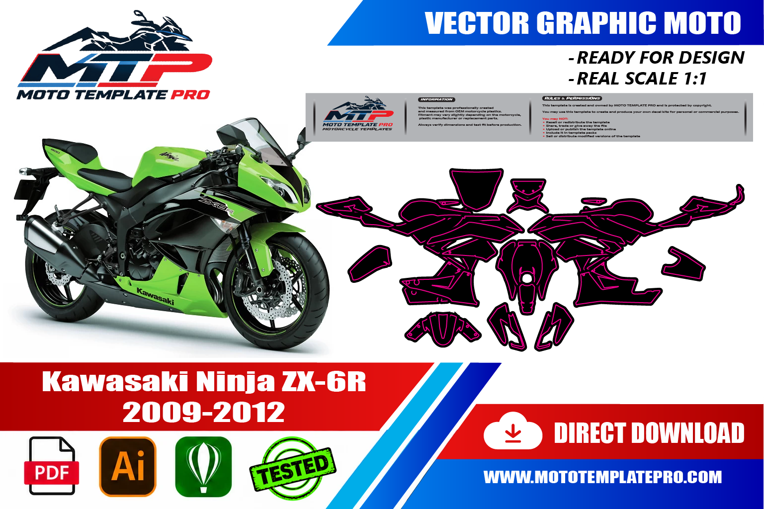Kawasaki Ninja ZX-6R 2009-2012 vector template - real-scale 1:1 bodywork layout for decal kits and wraps