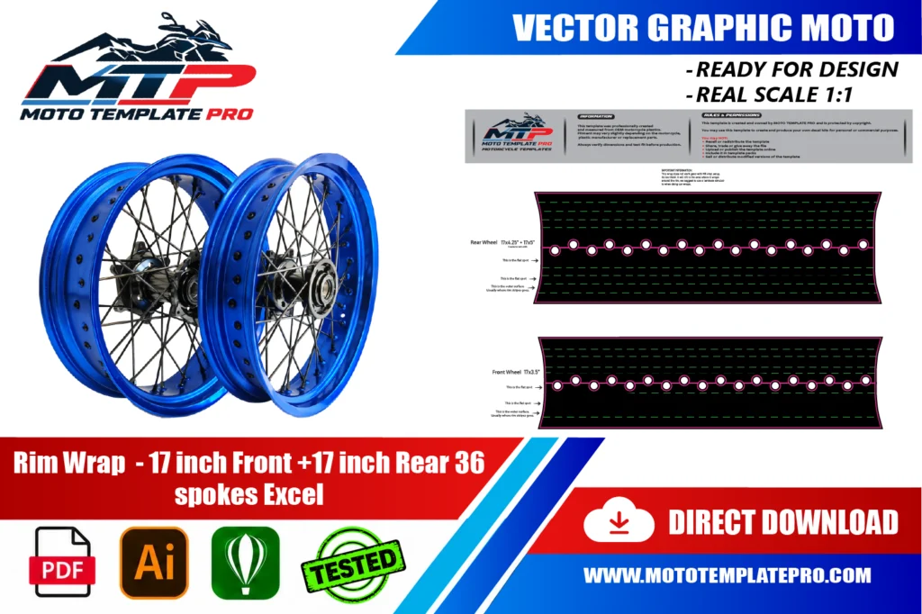 Excel 36 Spoke 17 Inch Rim Wrap vector template - real-scale 1:1 bodywork layout for decal kits and wraps