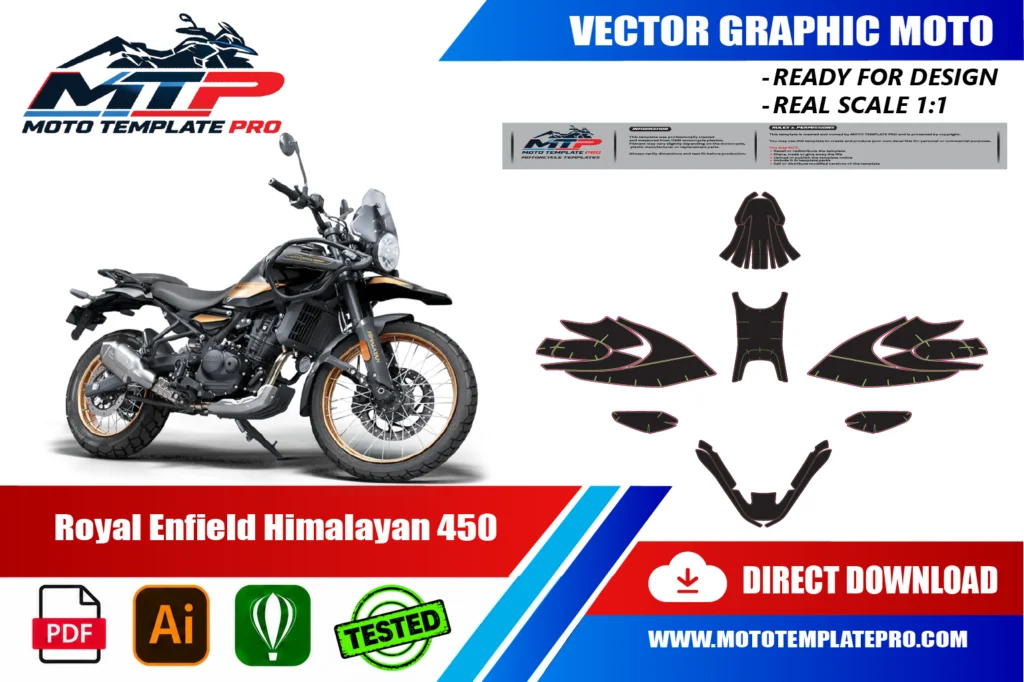 Royal Enfield Himalayan 450 vector template - real-scale 1:1 bodywork layout for decal kits and wraps