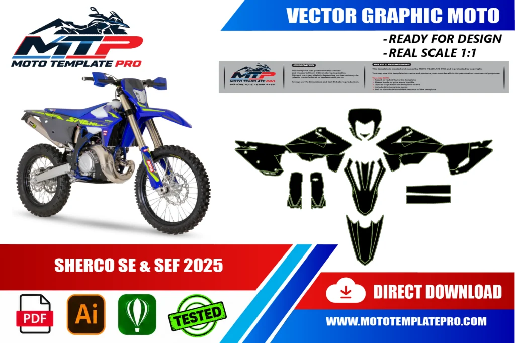 Sherco SE SEF 2025 vector template - real-scale 1:1 bodywork layout for decal kits and wraps