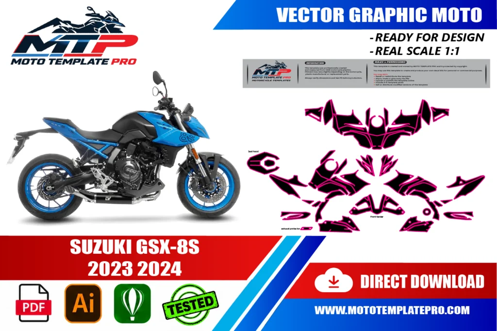 template vectoriel Suzuki GSX-8S 2023-2024 - plan de carrosserie à l’échelle réelle 1:1 pour kits déco et covering