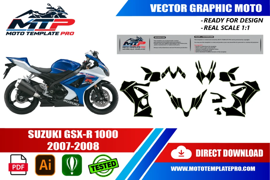 template vectoriel Suzuki GSX-R 1000 2007-2008 - plan de carrosserie à l’échelle réelle 1:1 pour kits déco et covering