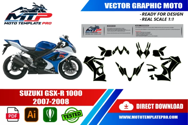 Template vectoriel Suzuki GSX-R 1000 2007-2008 - plan de carrosserie à l’échelle réelle 1:1 pour kits déco et covering