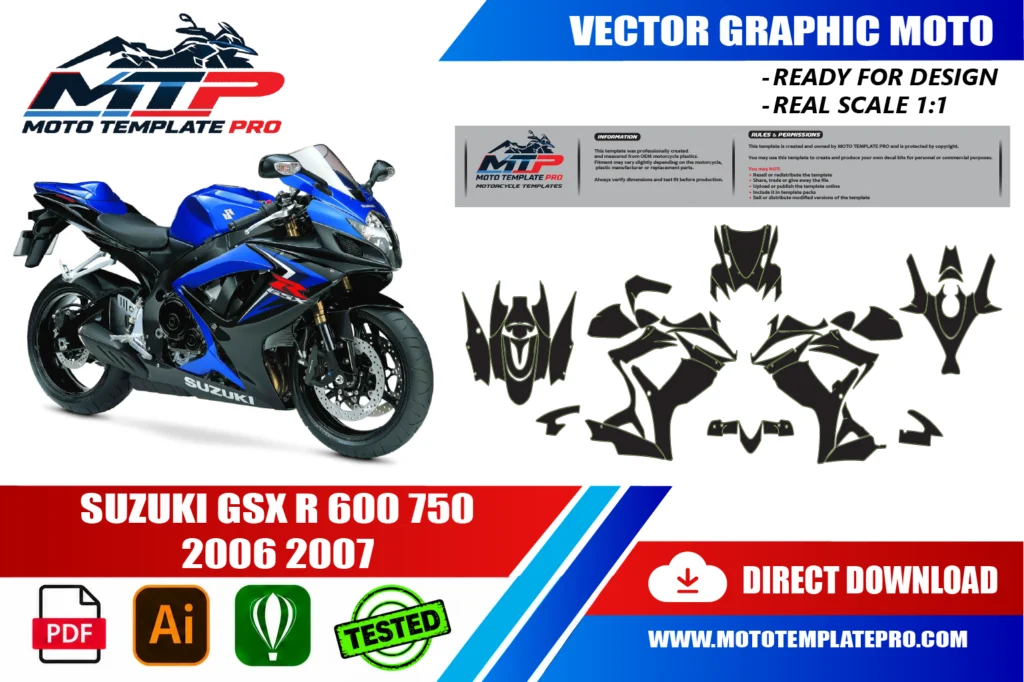template vectoriel Suzuki GSX-R 600 750 2006-2007 - plan de carrosserie à l’échelle réelle 1:1 pour kits déco et covering