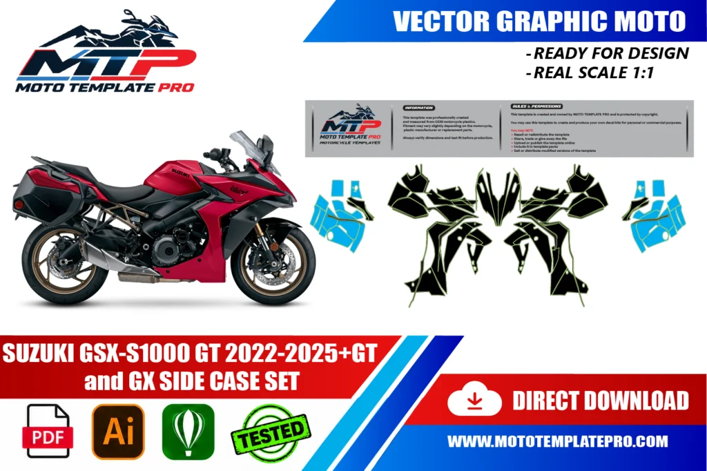 Suzuki GSX-S1000 GT Side Case Set vector template - real-scale 1:1 bodywork layout for decal kits and wraps