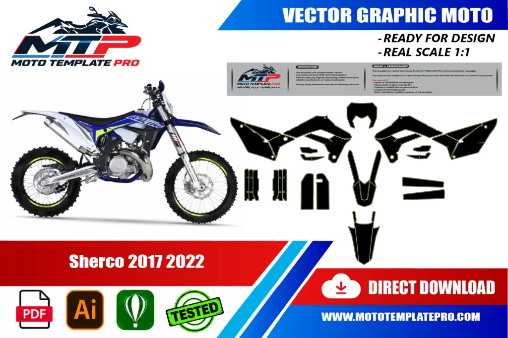template vectoriel Sherco SE SEF 2017-2022 - plan de carrosserie à l’échelle réelle 1:1 pour kits déco et covering