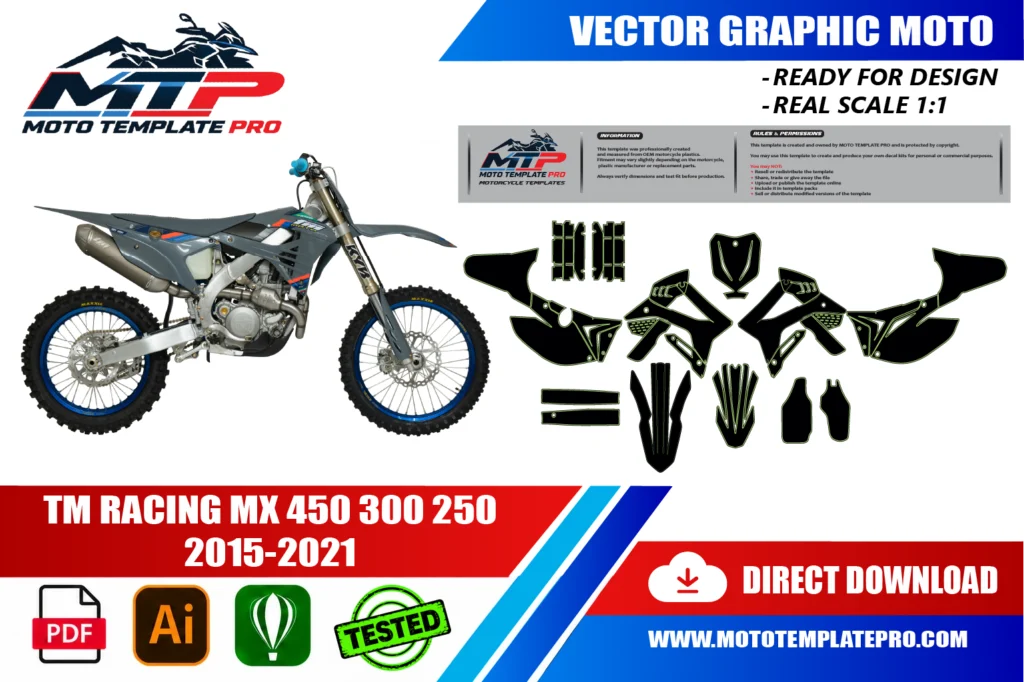 TM Racing MX 450 300 250 2015-2021 vector template - real-scale 1:1 bodywork layout for decal kits and wraps