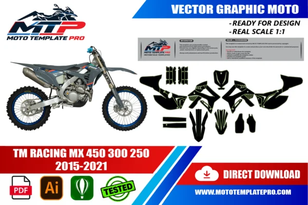 TM Racing MX 450 300 250 2015-2021 vector template - real-scale 1:1 bodywork layout for decal kits and wraps