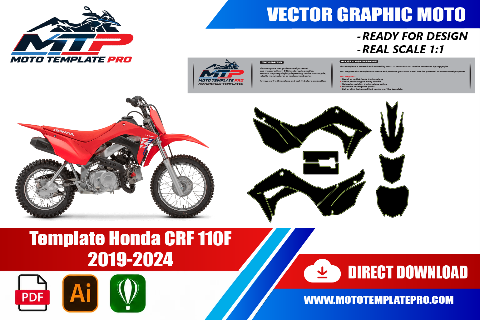 Template vectoriel Honda CRF 250F 2019-2024 - plan de carrosserie à l’échelle réelle 1:1 pour kits déco et covering