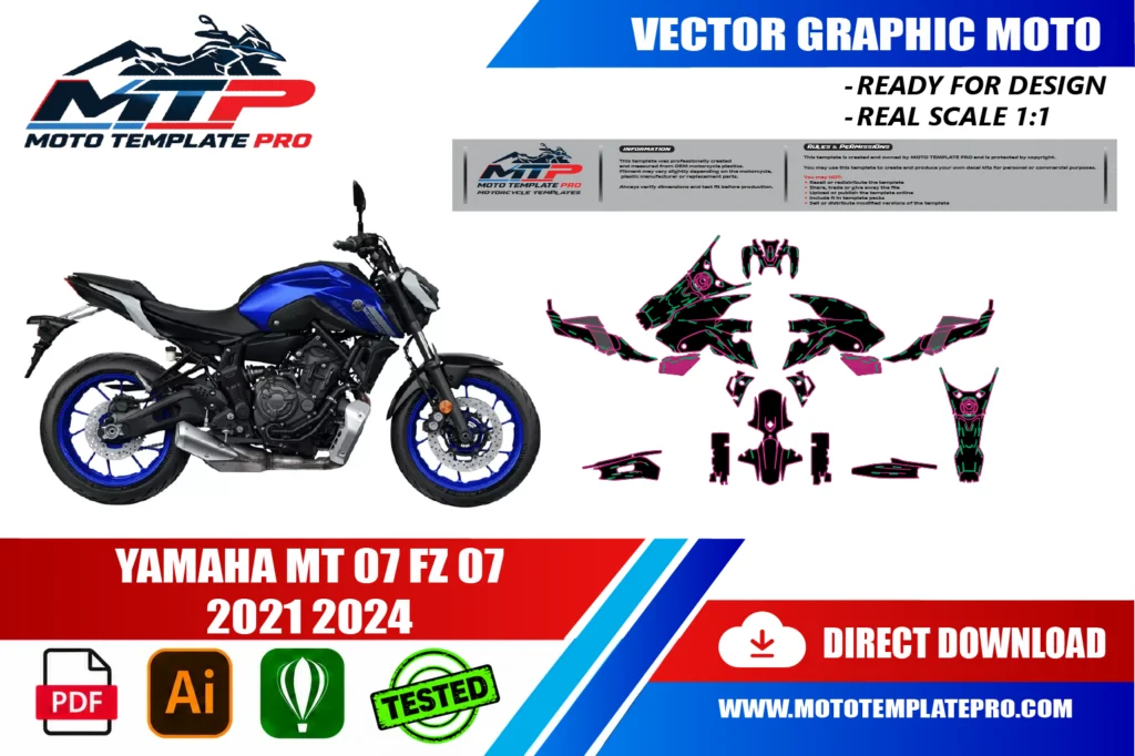 Yamaha MT-07 FZ-07 2021-2024 vector template - real-scale 1:1 bodywork layout for decal kits and wraps