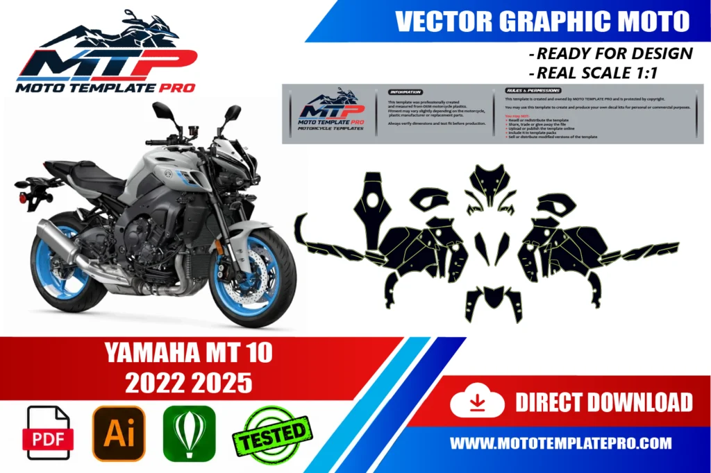 Yamaha MT-10 2022-2025 vector template - real-scale 1:1 bodywork layout for decal kits and wraps