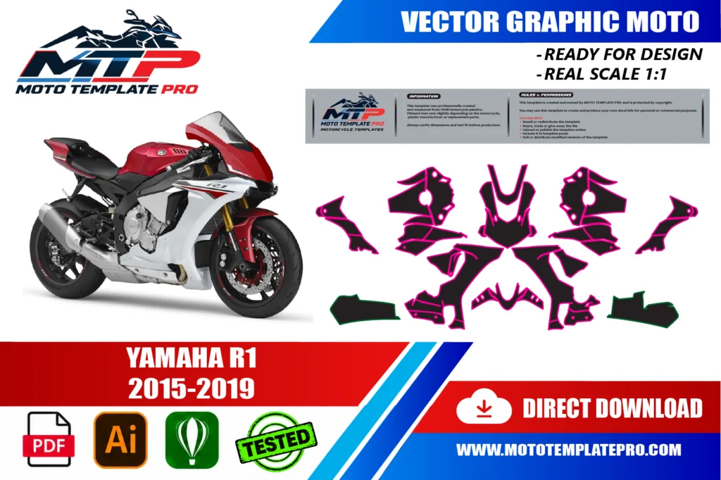 template vectoriel Yamaha YZF R1 2015-2019 - plan de carrosserie à l’échelle réelle 1:1 pour kits déco et covering