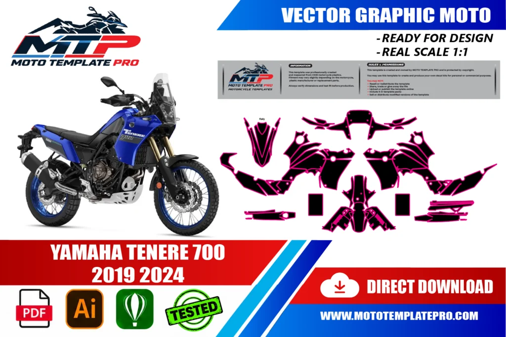 template vectoriel Yamaha Tenere 700 2019-2024 - plan de carrosserie à l’échelle réelle 1:1 pour kits déco et covering
