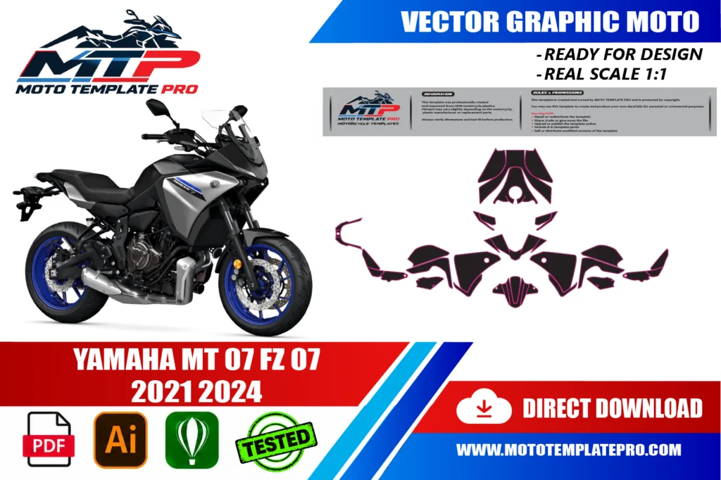 template vectoriel Yamaha Tracer 7 2020-2024 - plan de carrosserie à l’échelle réelle 1:1 pour kits déco et covering