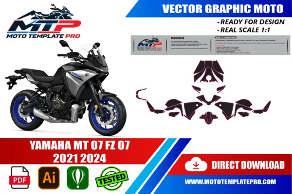 Template vectoriel Yamaha Tracer 7 2020-2024 - plan de carrosserie à l’échelle réelle 1:1 pour kits déco et covering