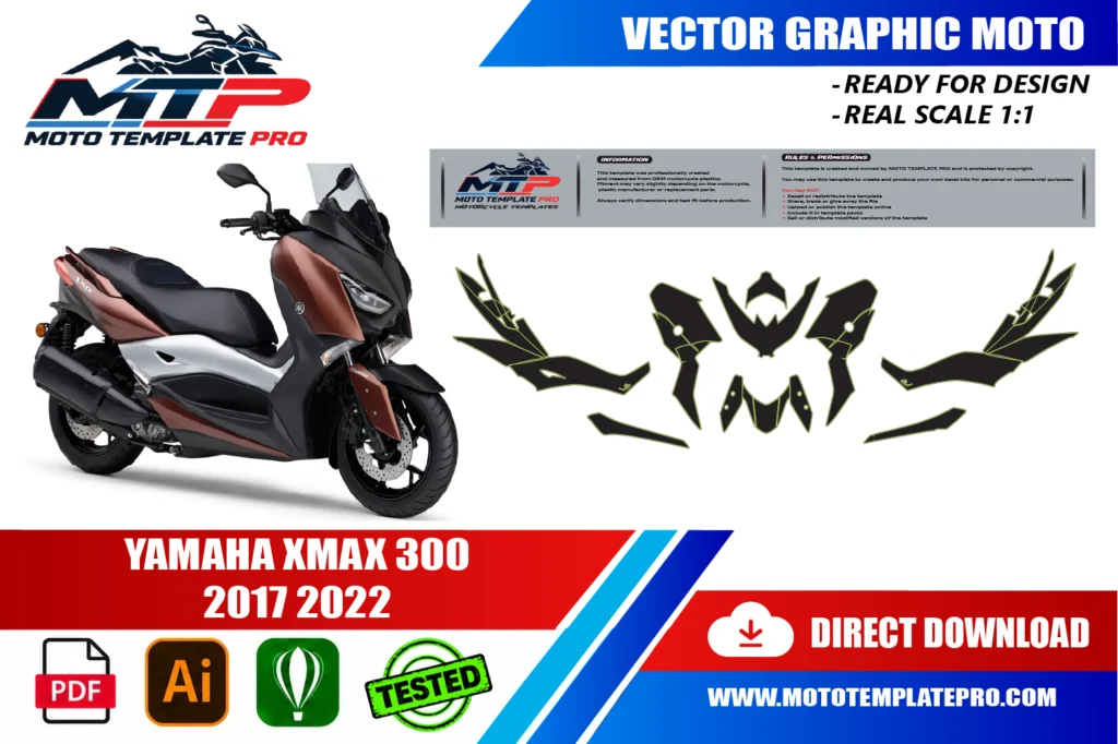 template vectoriel Yamaha XMAX 300 2017-2022 - plan de carrosserie à l’échelle réelle 1:1 pour kits déco et covering