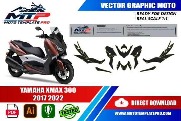 Template vectoriel Yamaha XMAX 300 2017-2022 - plan de carrosserie à l’échelle réelle 1:1 pour kits déco et covering
