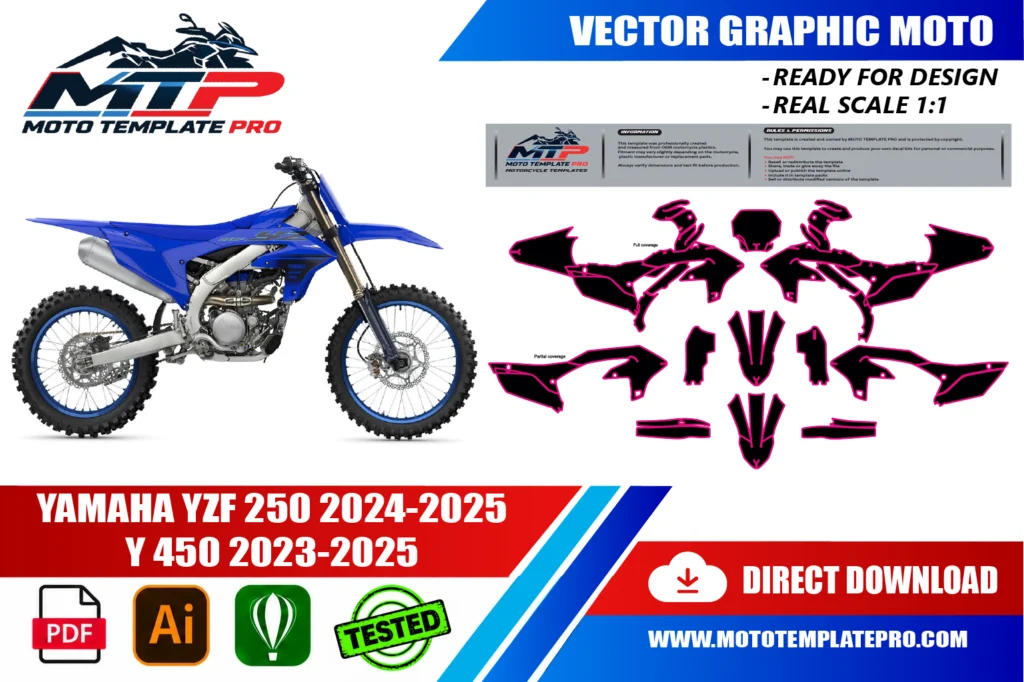 Yamaha YZF 250 2024-2025 450 2023-2025 vector template - real-scale 1:1 bodywork layout for decal kits and wraps