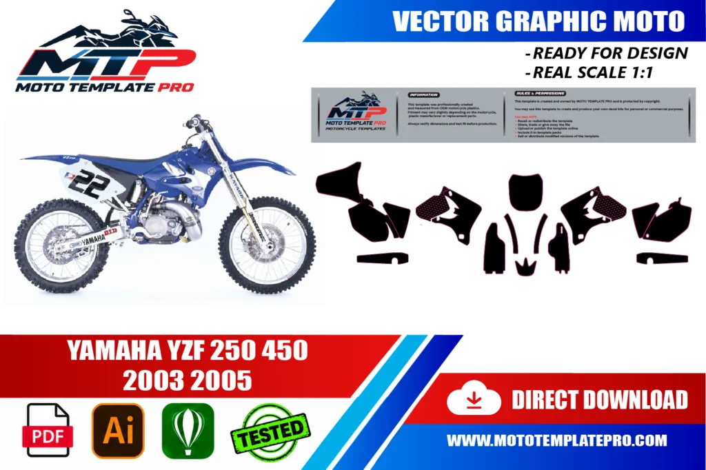Yamaha YZF 250 450 2003-2005 vector template - real-scale 1:1 bodywork layout for decal kits and wraps