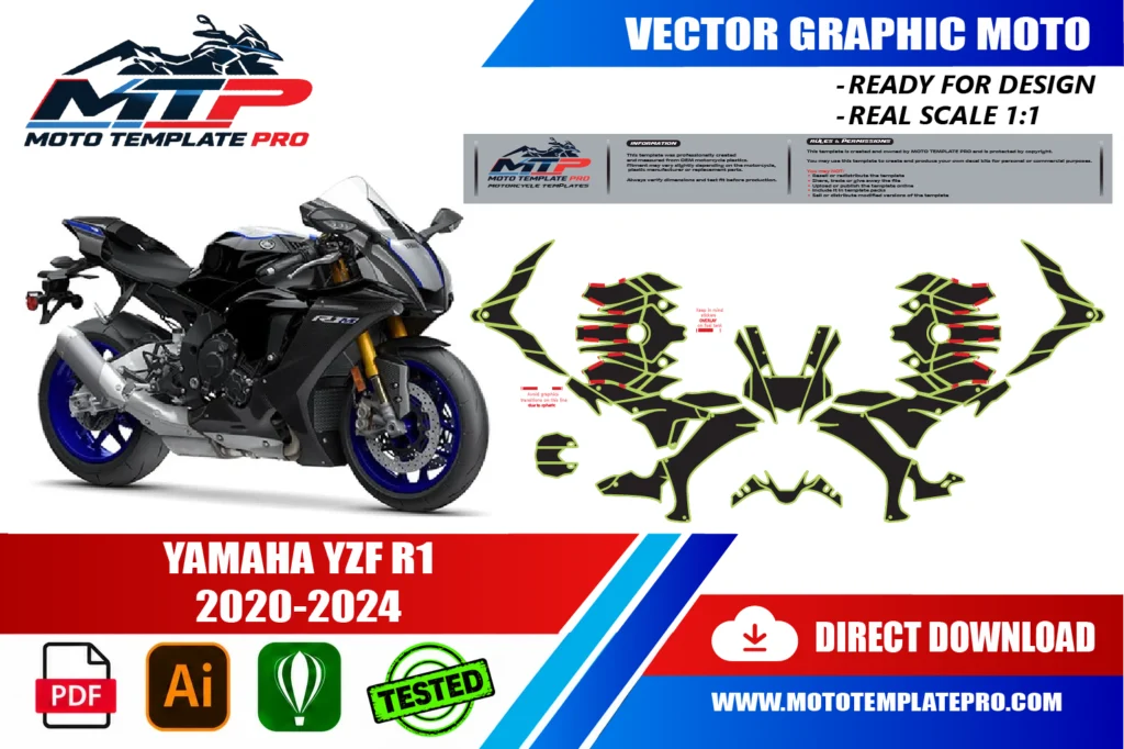 Yamaha YZF R1 2020-2024 vector template - real-scale 1:1 bodywork layout for decal kits and wraps