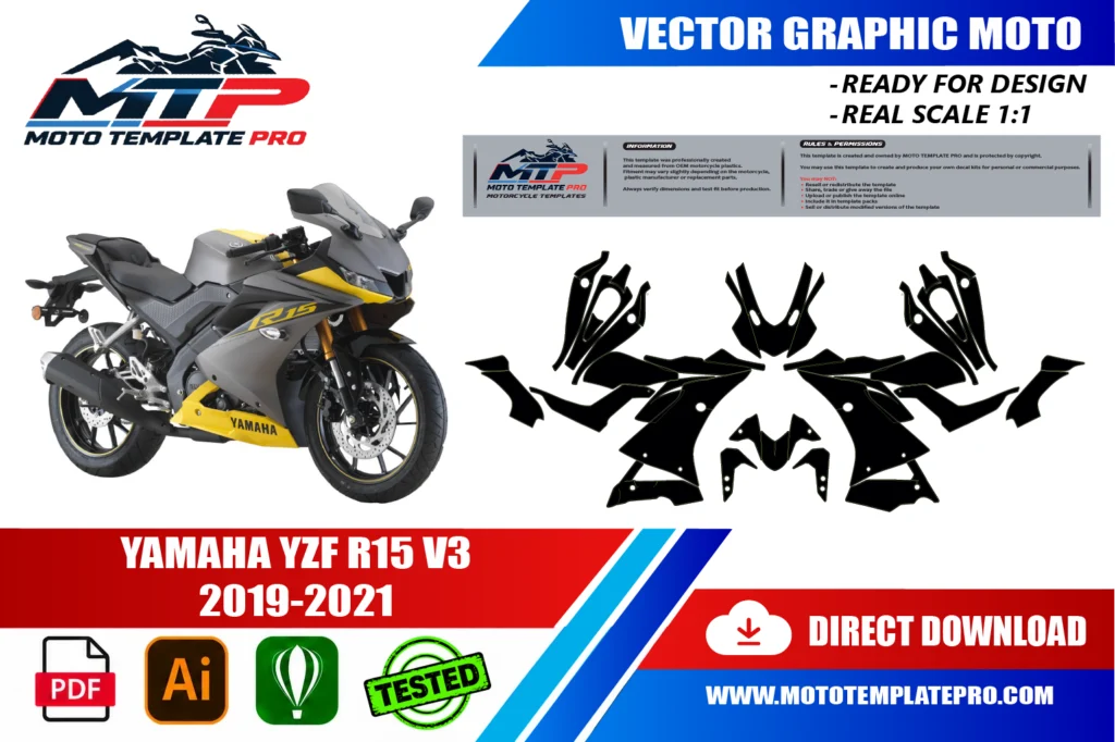 template vectoriel Yamaha YZF R15 V3 2019-2021 - plan de carrosserie à l’échelle réelle 1:1 pour kits déco et covering