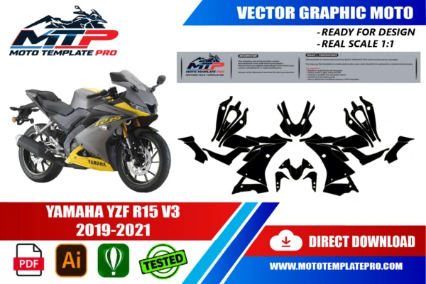 Template vectoriel Yamaha YZF R15 V3 2019-2021 - plan de carrosserie à l’échelle réelle 1:1 pour kits déco et covering