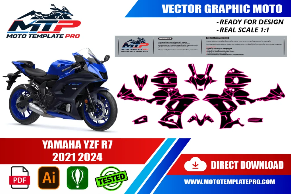 template vectoriel Yamaha YZF R7 2021-2024 - plan de carrosserie à l’échelle réelle 1:1 pour kits déco et covering