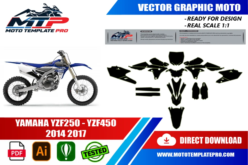Yamaha YZF 250 450 2014-2017 vector template - real-scale 1:1 bodywork layout for decal kits and wraps