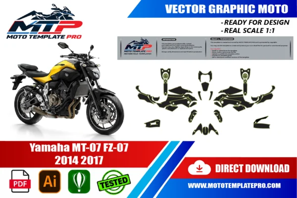 Yamaha MT-07 FZ-07 2014 2017 Vector Template Template vectoriel Yamaha MT-07 FZ-07 2014-2017 - plan de carrosserie à l’échelle réelle 1:1 pour kits déco et covering
