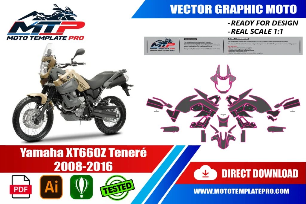 Yamaha XT 660Z Tenere 2008-2016 vector template - real-scale 1:1 bodywork layout for decal kits and wraps