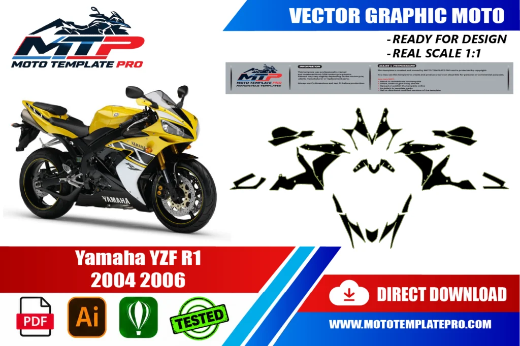 Yamaha YZF R1 2004-2006 vector template - real-scale 1:1 bodywork layout for decal kits and wraps