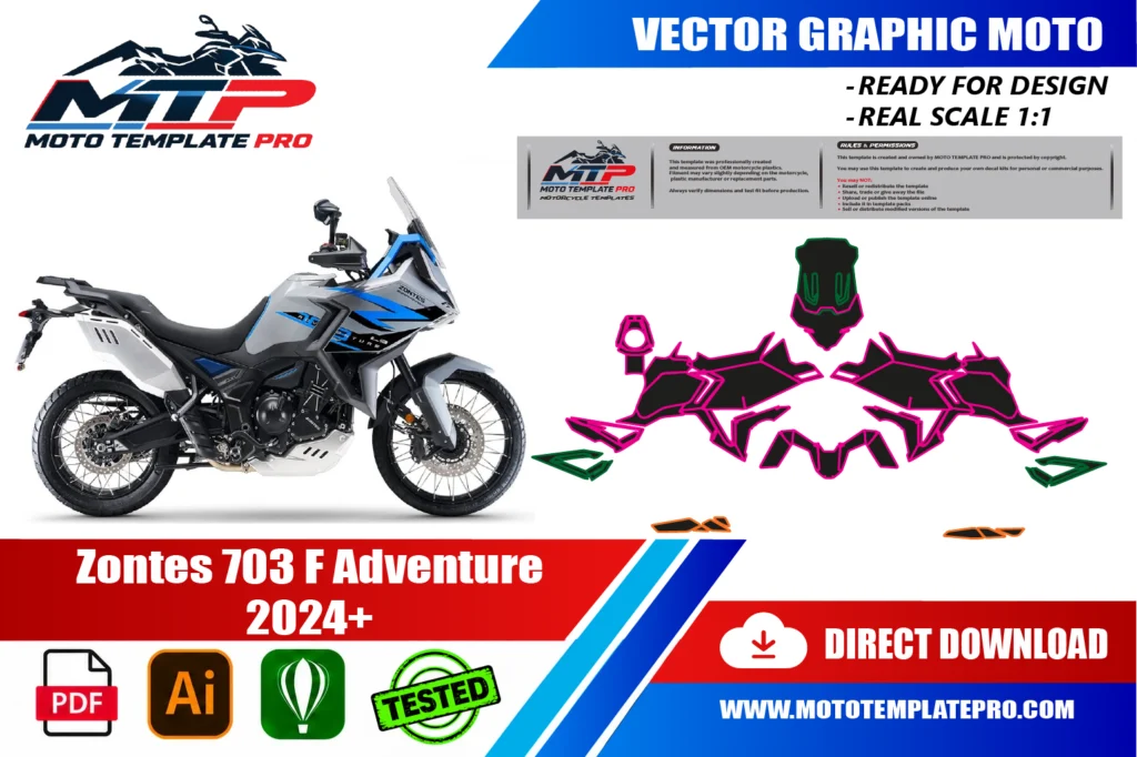 Zontes 703 F Adventure 2024-2026 vector template - real-scale 1:1 bodywork layout for decal kits and wraps