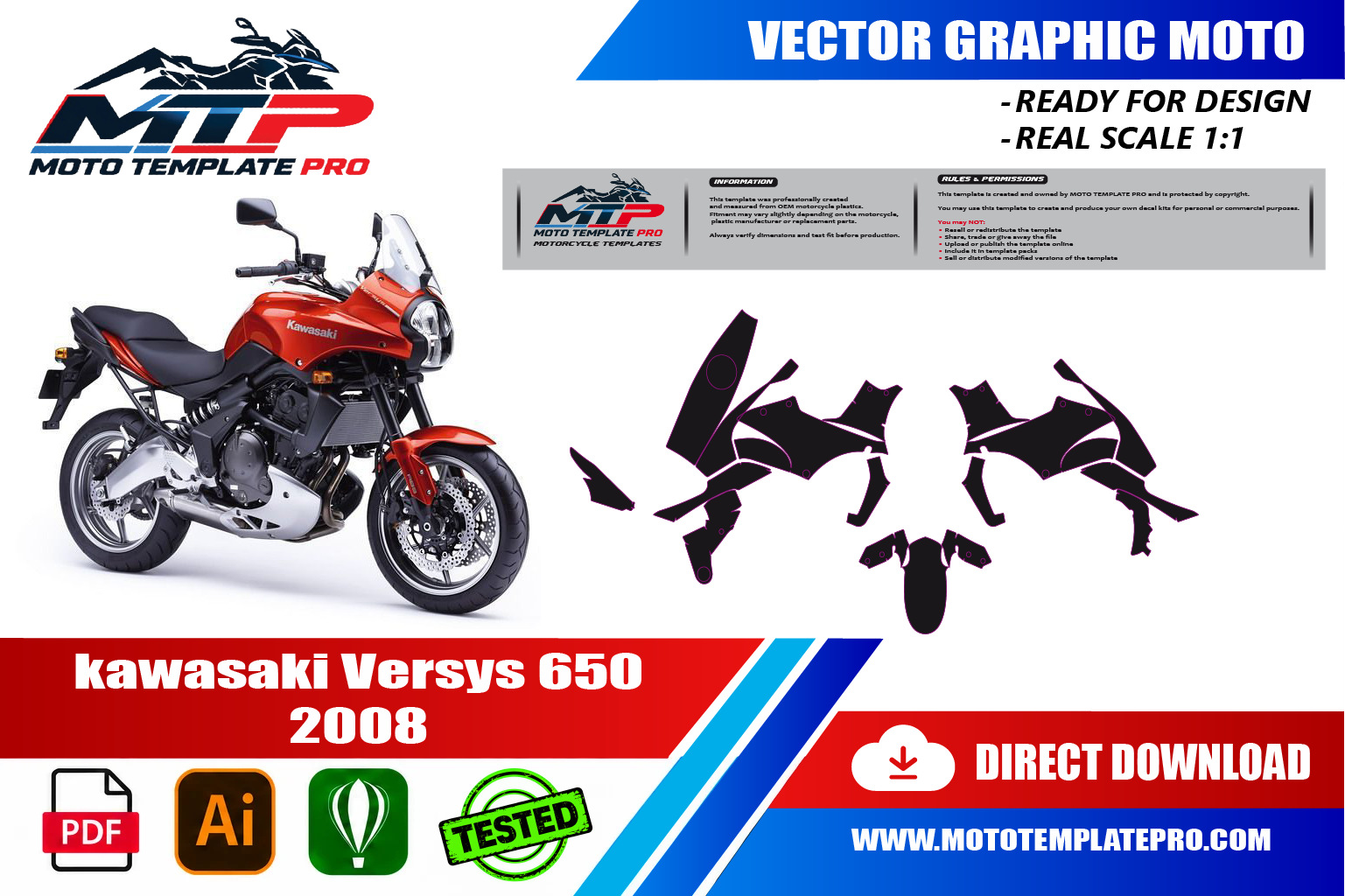 Kawasaki Versys 650 2008 vector template - real-scale 1:1 bodywork layout for decal kits and wraps